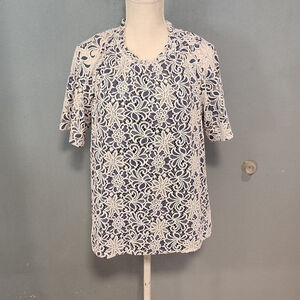 Draper James Rosette Sheer floral lace ruffled formal blouse Feminine Preppy